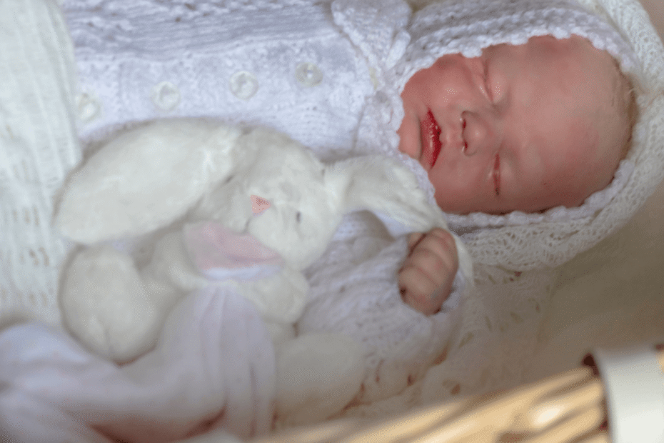 Close do rosto de uma bebê reborn original dormindo, destacando a pintura realista e os detalhes de pele que diferenciam uma arte autêntica de uma falsificação.