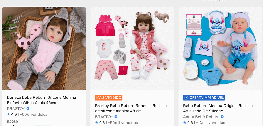 Captura de tela de anúncios de bebê reborn no MercadoLivre destacando indicadores de reputação como selo de verificação azul, classificação de estrelas acima de 4.5 e alto volume de vendas (mais de 50 mil vendidos) em lojas como Brastoy e Adora Bebê Reborn.