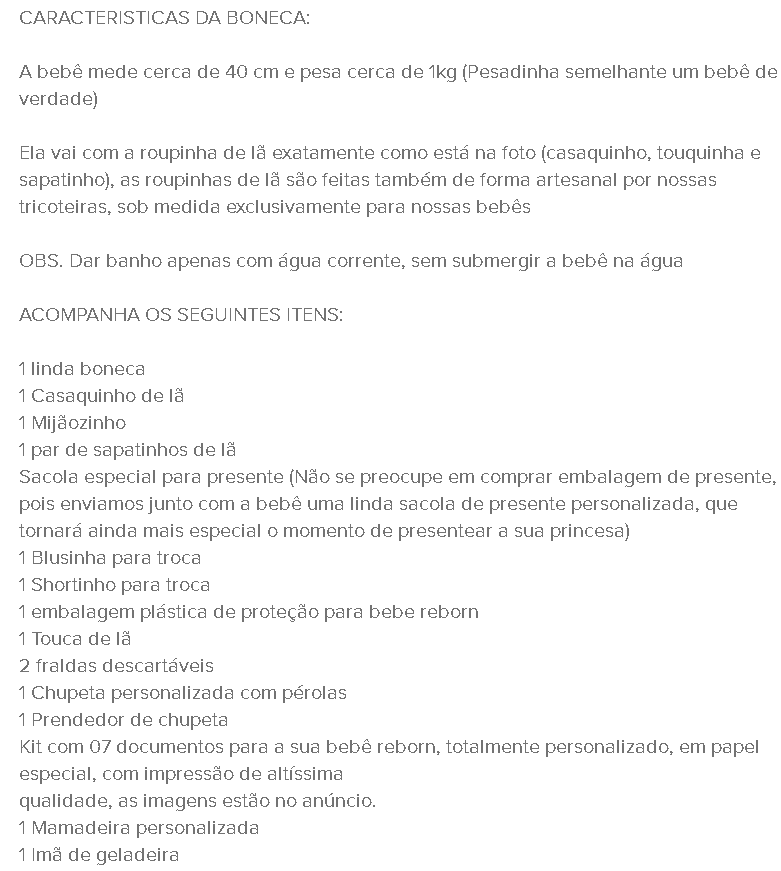 Captura de tela de uma descrição confiável no MercadoLivre listando características técnicas exatas (40cm, 1kg) e detalhando item por item do enxoval, como chupeta magnética, documentos e roupinhas de lã.